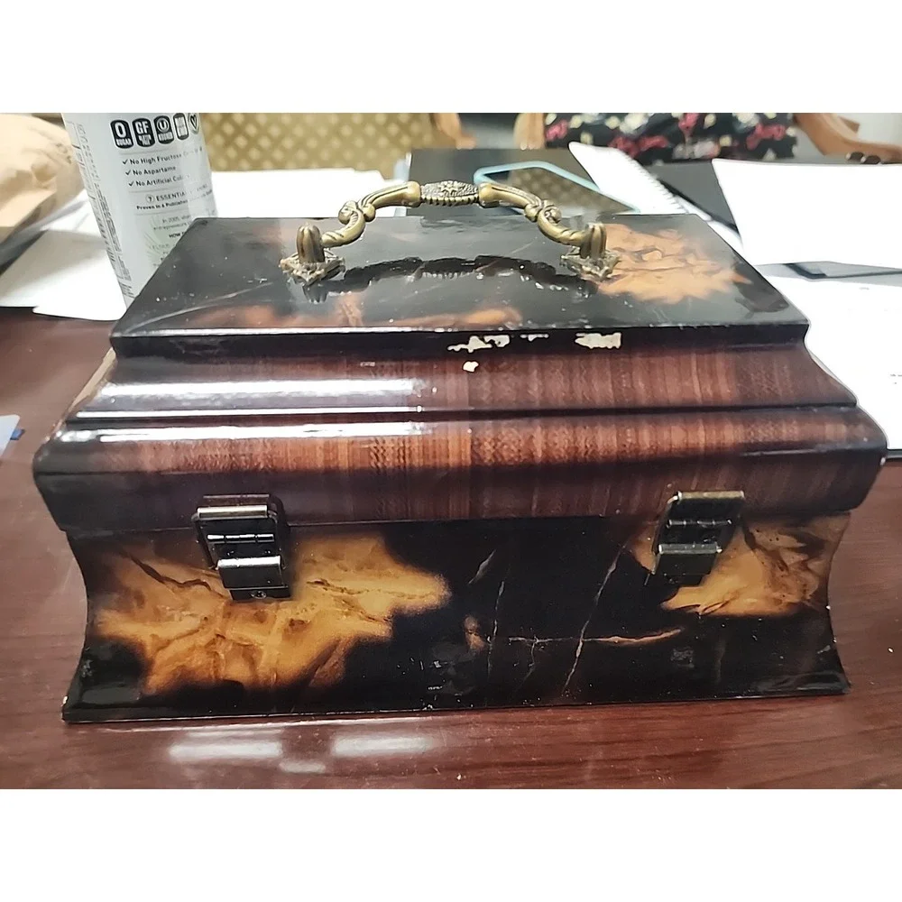 Decorative Wooden Jewelry Box Brown Black Leaves Grain Paper Mache Lacquer Lined